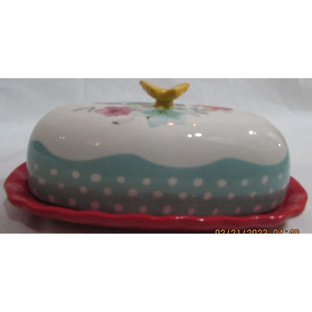 THE PIONEER WOMAN BUTTER DISH FLEA MARKET FLORAL STONEWARE POLKA DOTS BUTTERFLY